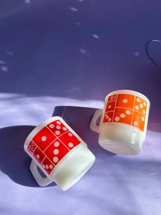 Vintage Orange & Red Domino Stacking Fire King Milk Glass Mugs - Picture 2 of 5